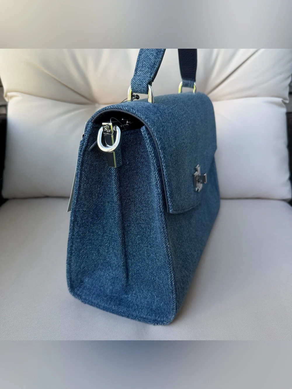 Lauren Ralph Lauren Farrah Washed Denim Indigo Blue Medium Satchel NWT